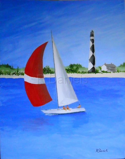 Cape Lookout Red Sail.jpg - "Cape Lookout Red Sail" oil on canvas 30"x24"